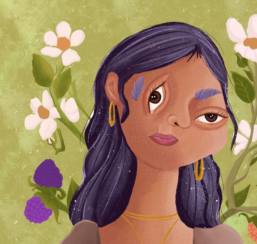 Digital painting: a woman with violet hair among white flowers